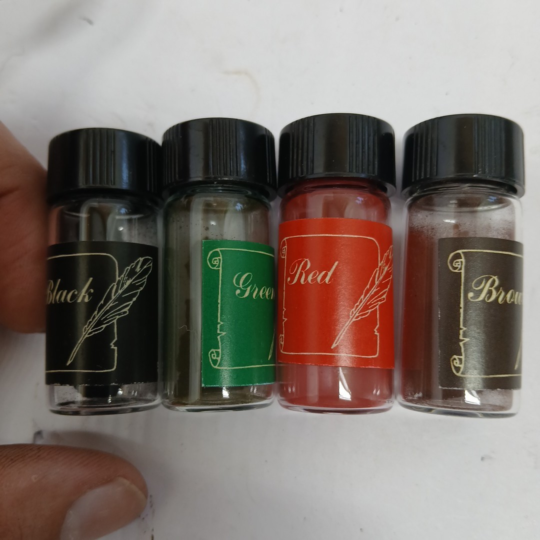 4 Viles of Dry powder Ink for Writing Blk- Red- Green- Brwn