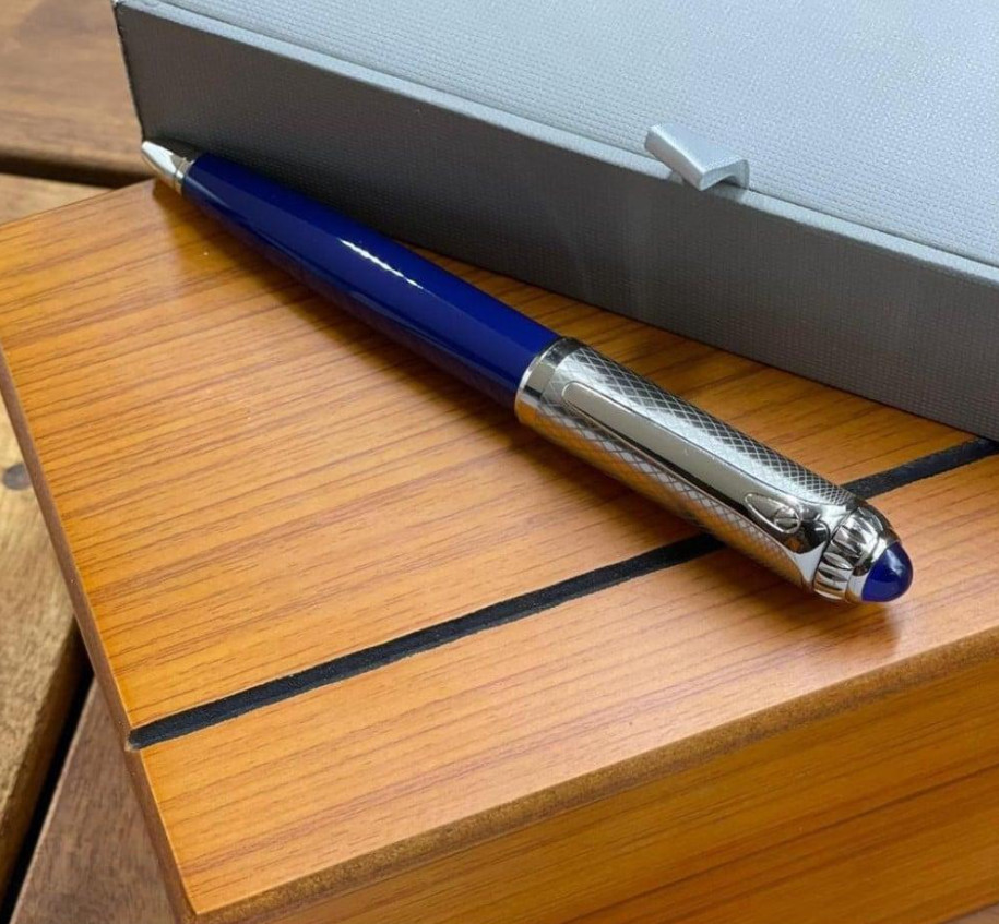 Cartier Luxury Guilloche Iced Blue Lacquer Ballpoint Pen NIB Gift Collectible