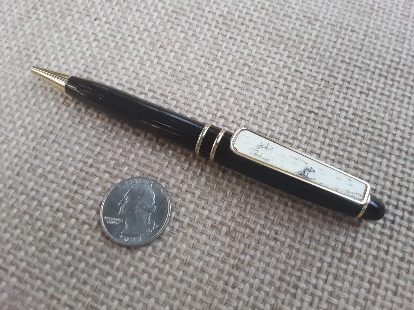 VTG Ballpoint Pen W/A Scrimshaw Sailboats Pocket Clip in Good Working Condition