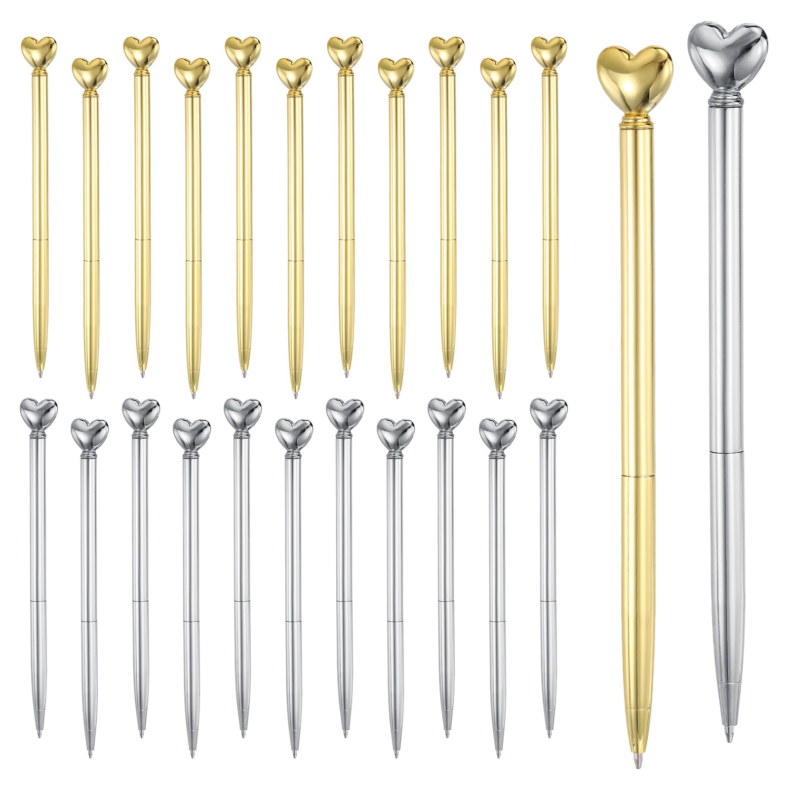 Heart Pens 1.0 mm Black Ink 24 Pcs, Electroplated Gold/Electroplated Silver