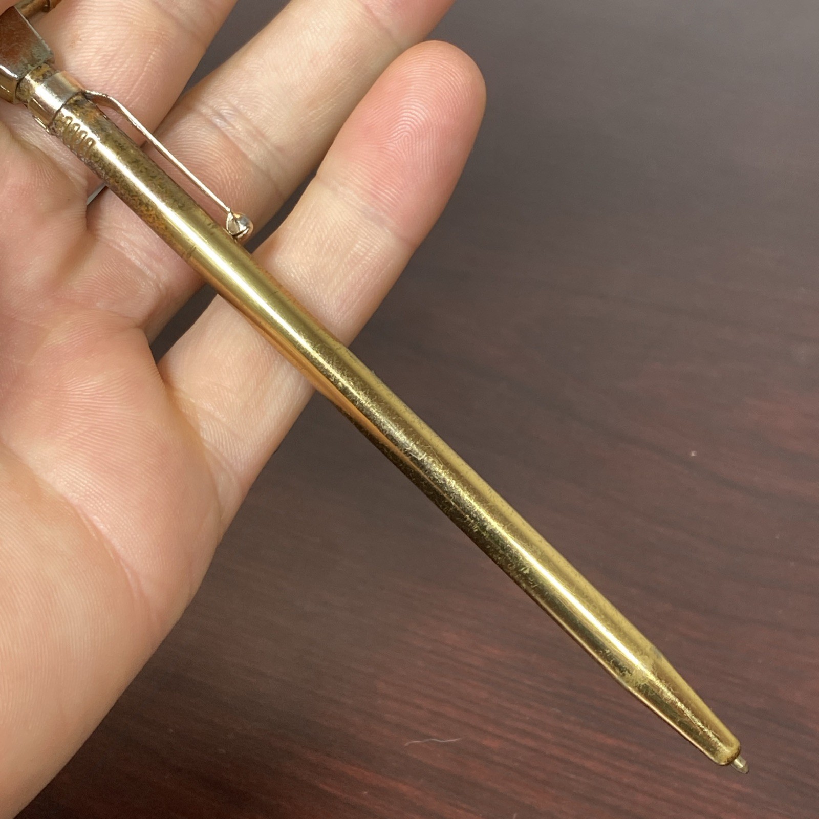 Vtg GOLD TOLD Brass Mini Carpenter HAMMER BALL POINT PEN POCKET CLIP USA Novelty
