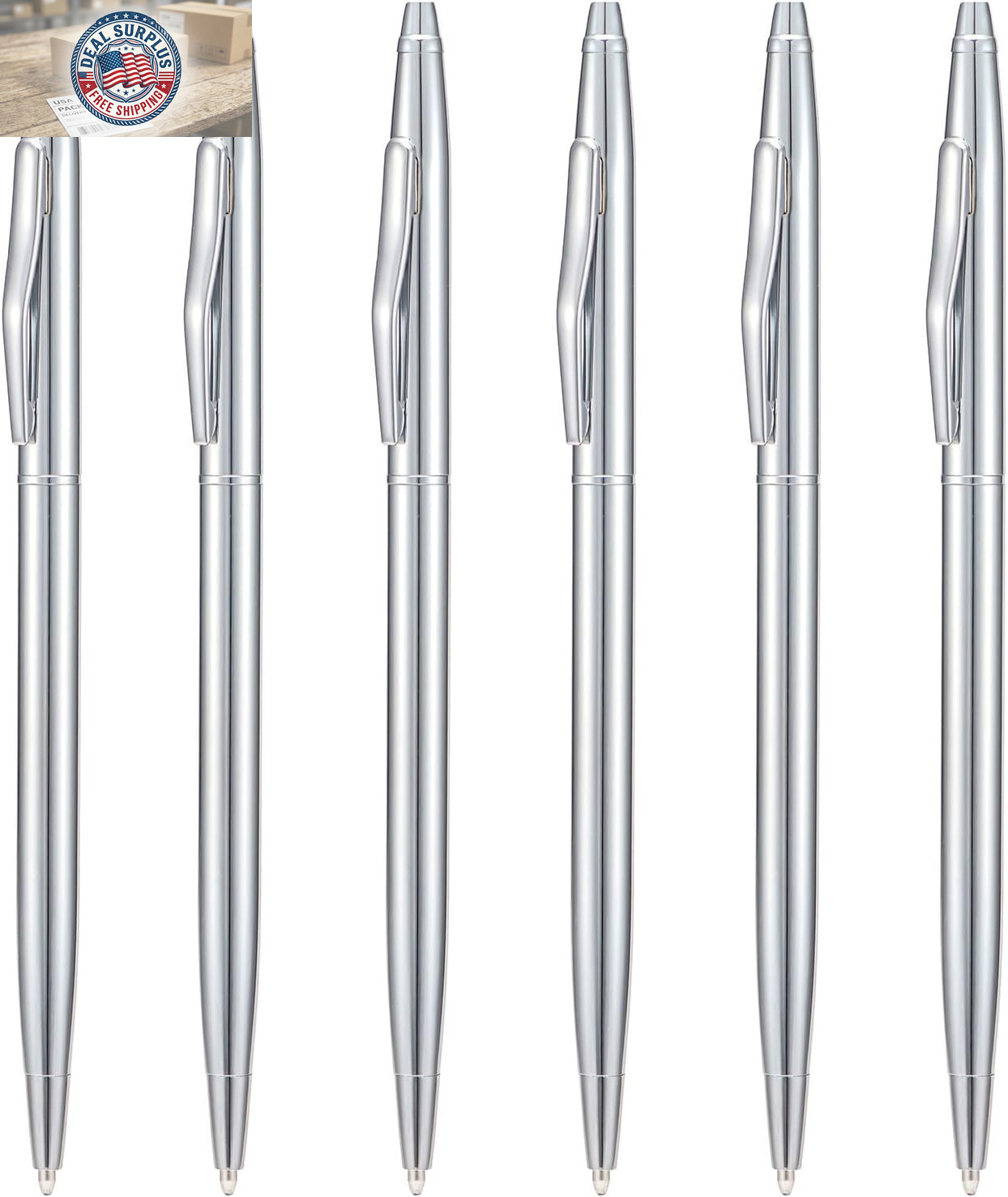 6 Pieces Silver Slim Metal Ballpoint Pen, 1Mm Medium Point Black Ink Smooth Wri