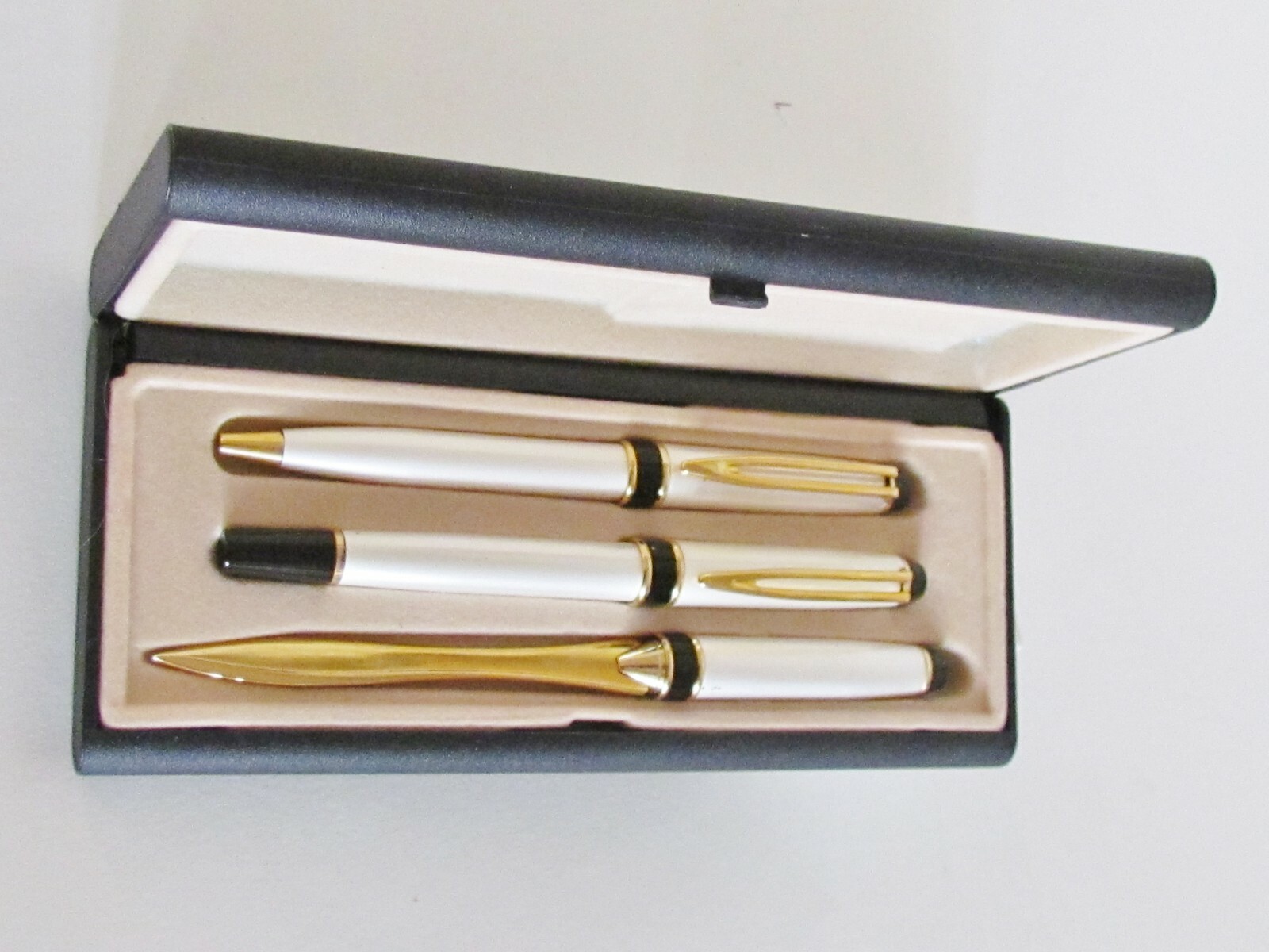 Unisex Pen/Letter Opener White Metallic Gold Tone/Black Detail in Box