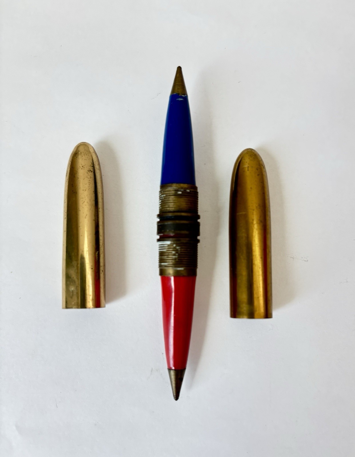 Vintage Dual Color Ballpoint Pen Metal Caps Blue Red Ink Removable Collectible