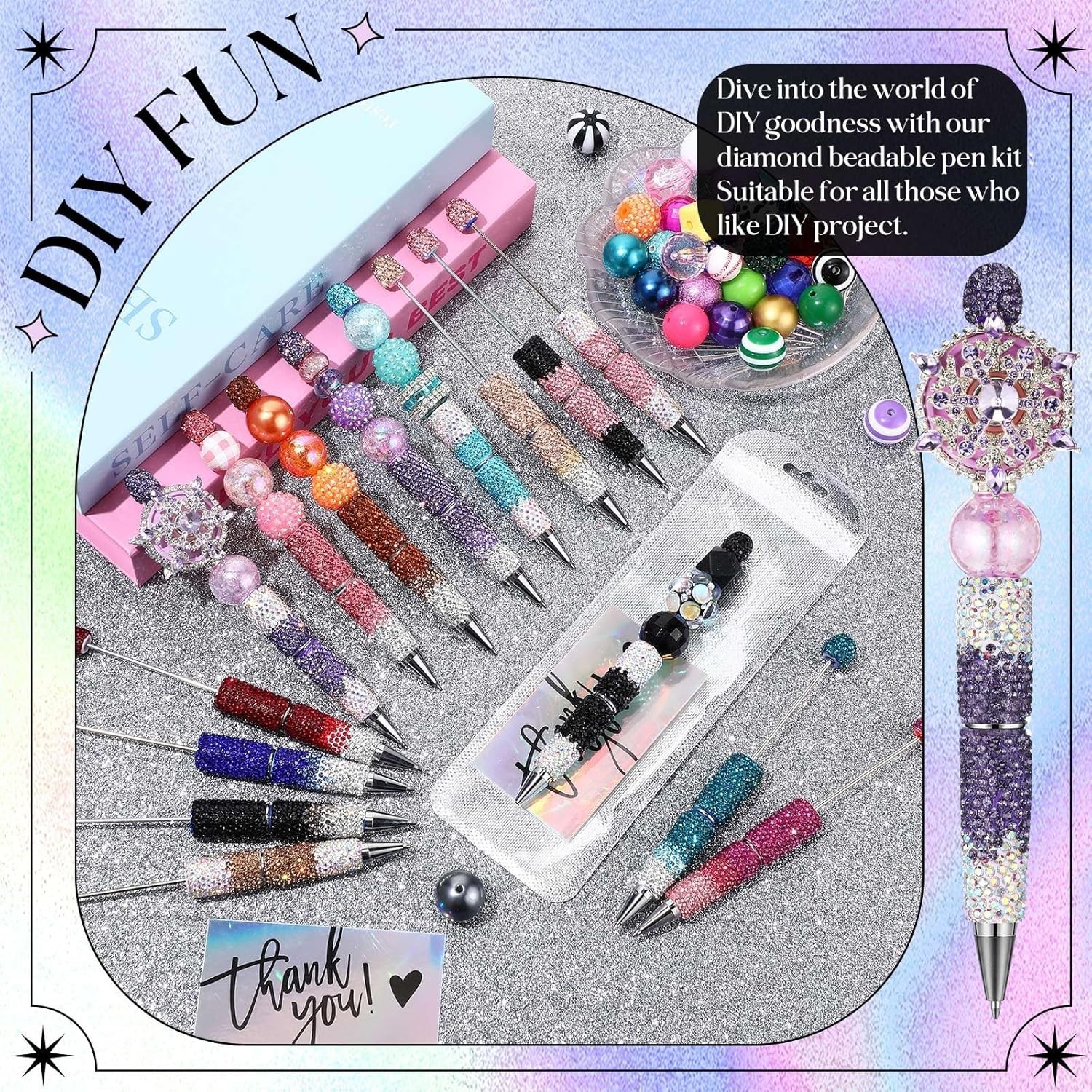 45 Pcs Full Rhinestone Beadable Pens Bulk Set 15 Glitter Diamond Pens with Ca…