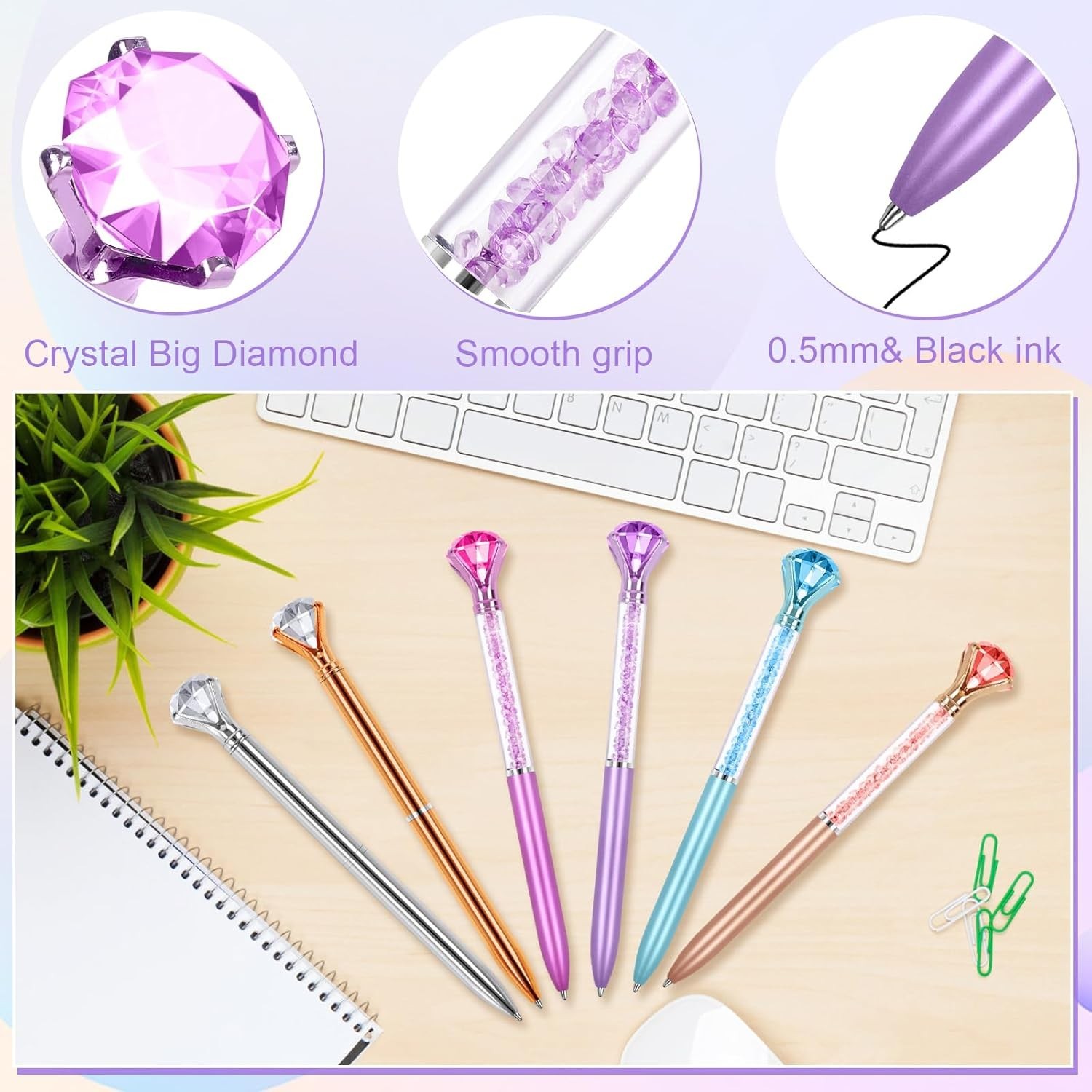 6 Pack Diamond Pens with Crystal Top Black Ink Refillable Ballpoint Pens