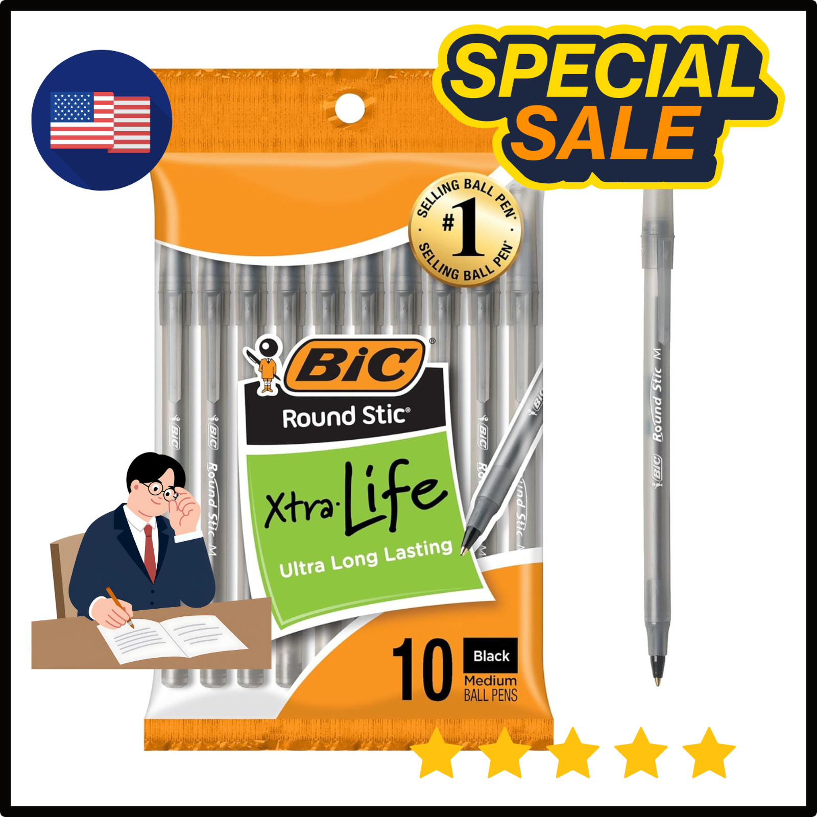 Pack of 10 Ballpoint Pen – Black Ink Ball Point Pens for Office Writing School