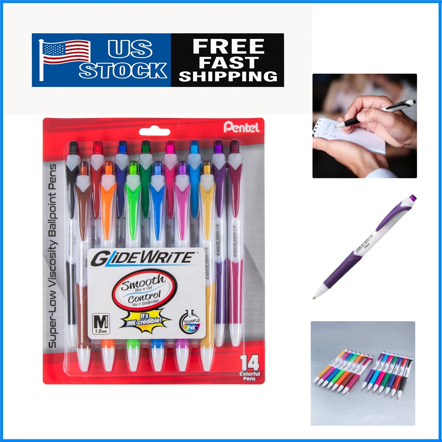 14 Assorted Ink GlideWrite Pens, Retractable & Comfortable Grip for All Ages