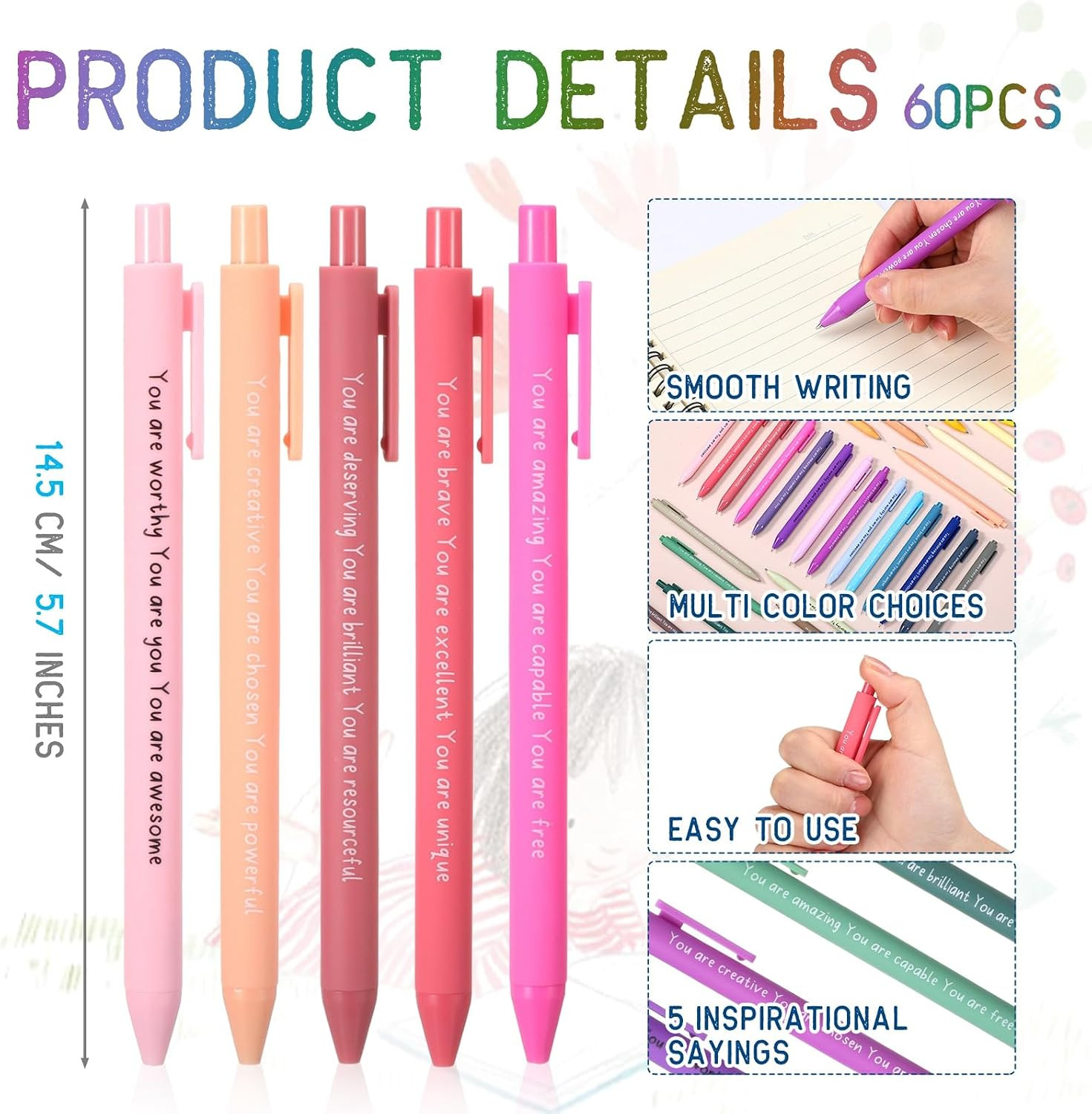 60 Pcs Inspirational Pens Bulk Motivational Quotes Ballpoint Pen with Stylus Tip