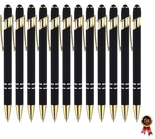 12 Pack Black Gold Ballpoint Pen with Stylus Tip 1.0 Mm Black Ink Smooth Writing