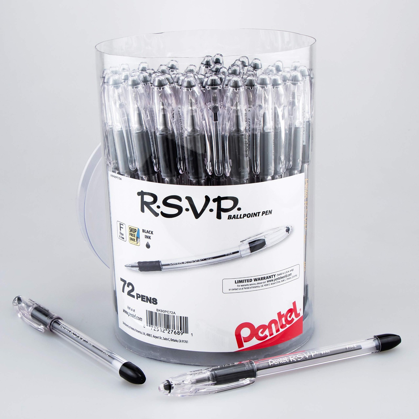 Fine Line Ballpoint Pens 0.7mm Black Ink – 72 Pack Canister, Smooth Writing