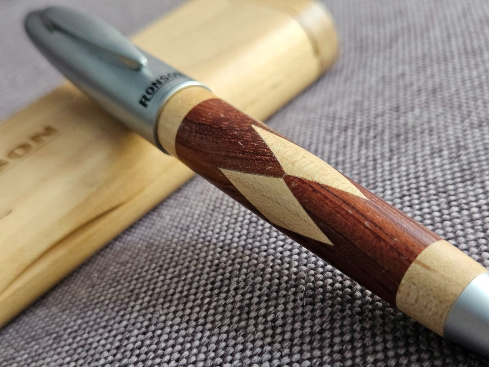 Ronson Ballpoint Pen w/ Original Wooden Case Wood Inlay Executive Writing Pen