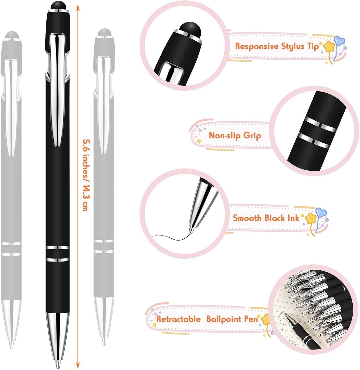 100pk Black Metal Ballpoint Pens w/ Stylus, Smooth 1.0mm Ink, Retractable Click