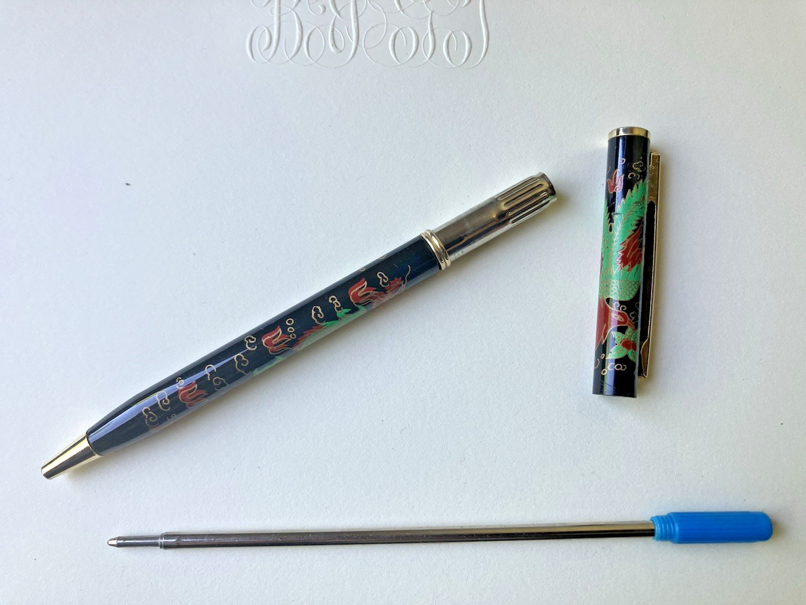 VTG Chinese Dragon Cloisonne Enameled Ball Point Pen Gold tone Hong Kong