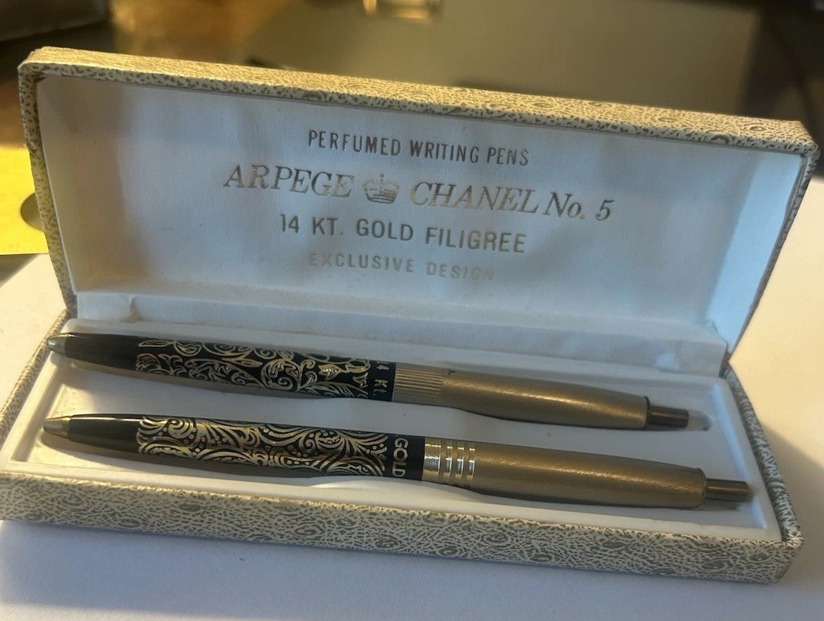 Vintage Arpege & Channel No. 5 Perfumed Writing Pens 14k Gold Filigree Set