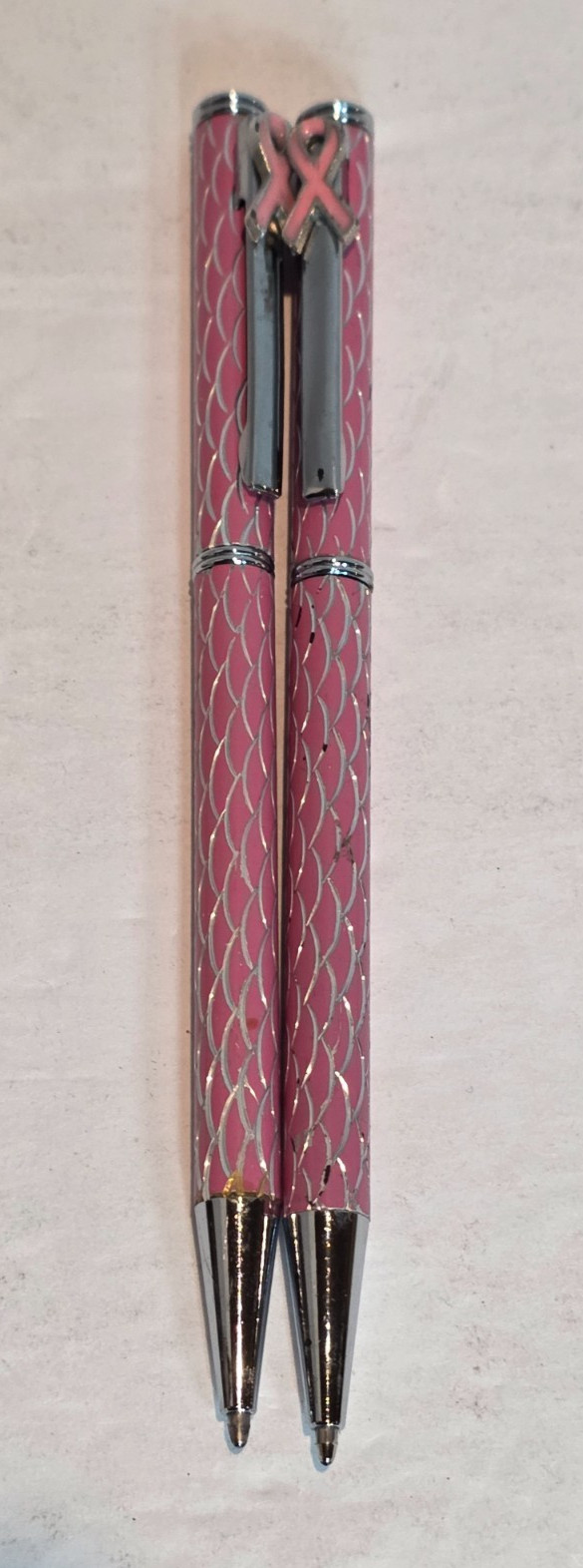 Think Pink! Breast Cancer Pens Pink Enamel Ink Pens Fishnet Ribbon