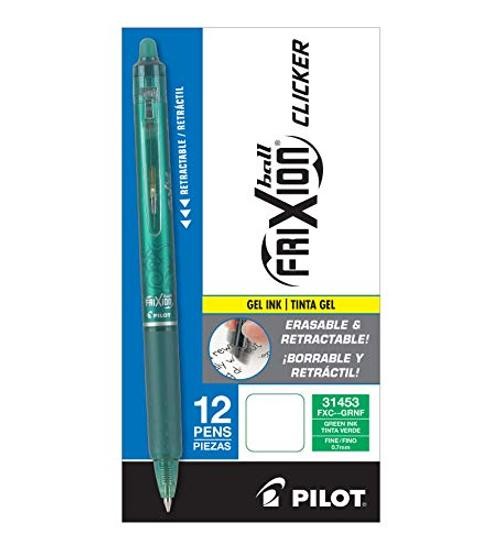 , FriXion Clicker Erasable Gel Pens, Fine Point Pens 0.7 mm, Pack of 12, Green