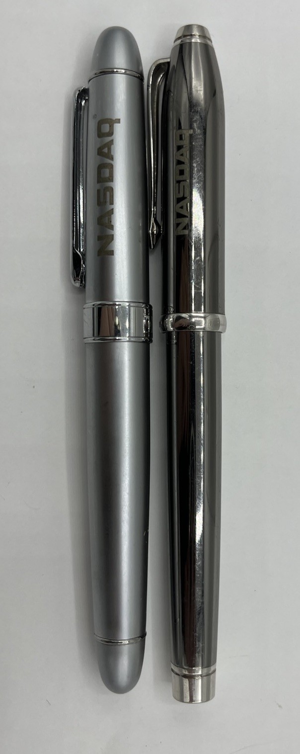 NASDAQ Engraved Ballpoint Ink Pen Lot of 2 Silver Chrome Barrington Stock Market