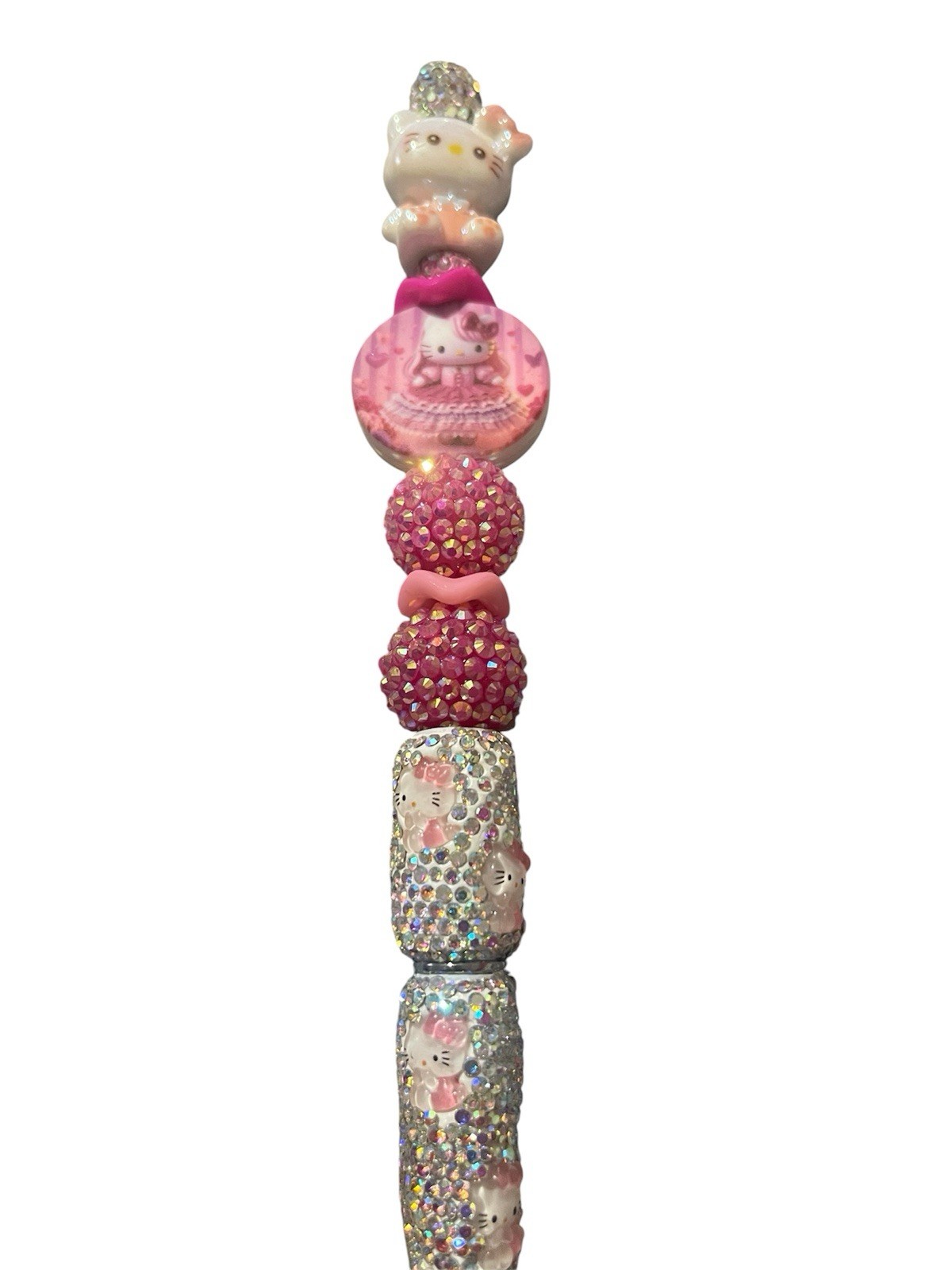2pc Rhinestone & Beaded Plastic Ballpoint Pens w/ Cartoon Toppers, Multicolor