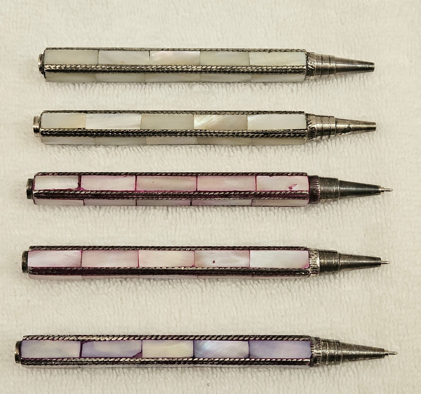 Mother of Pearl Square Pen, Lot of 5 – Pink (2), White, (2) Purple (1)