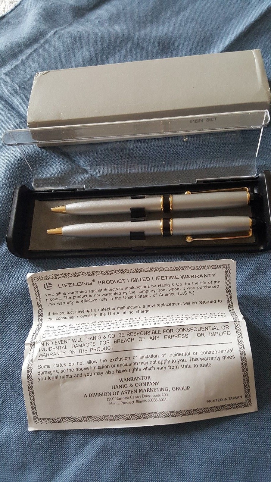 Life Long 2 Piece Pen Set Brushed Grey Textured Goldtone & Black Trim