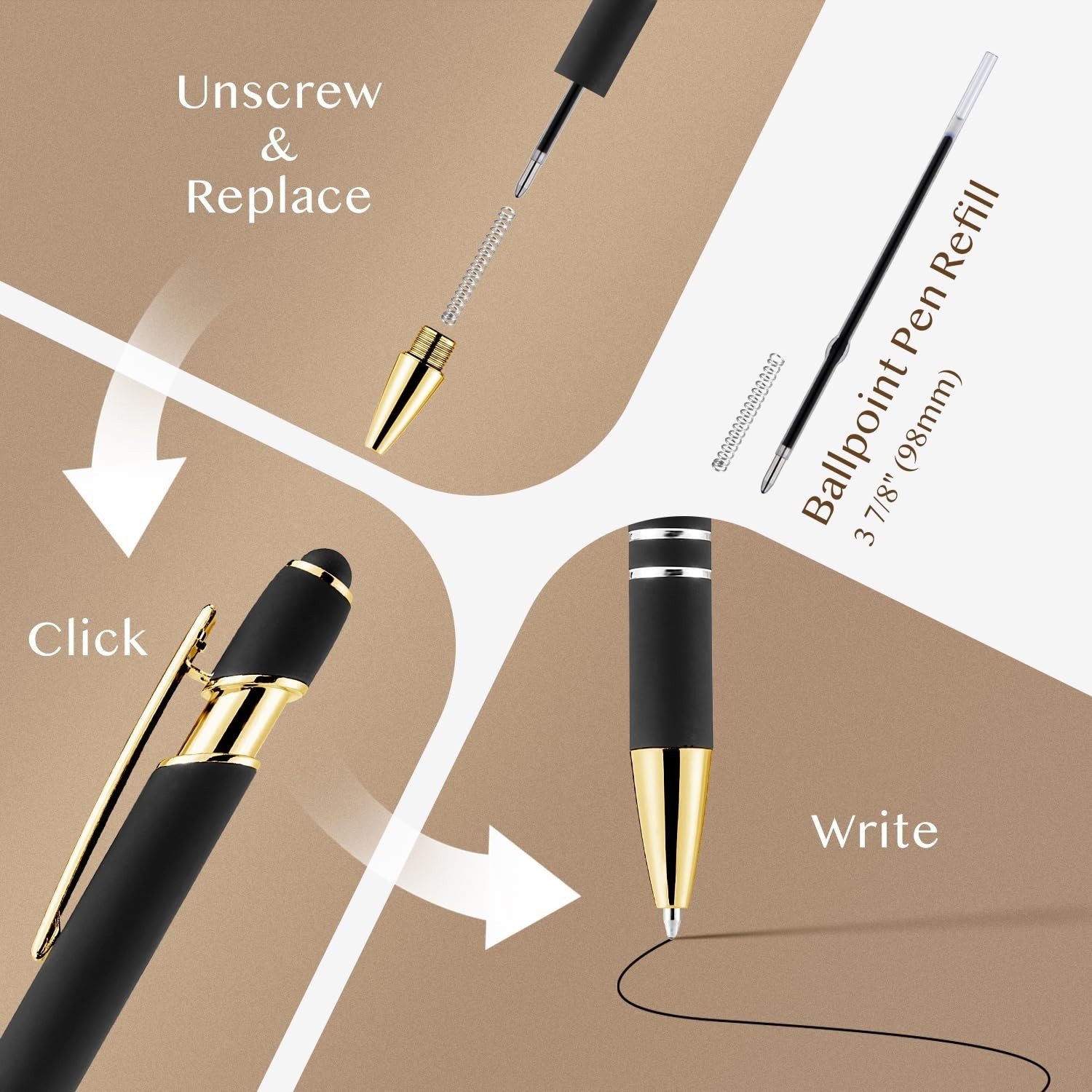 12 Pack Black Gold Ballpoint Pen with Stylus Tip 1.0 Mm Black Ink Smooth Writing