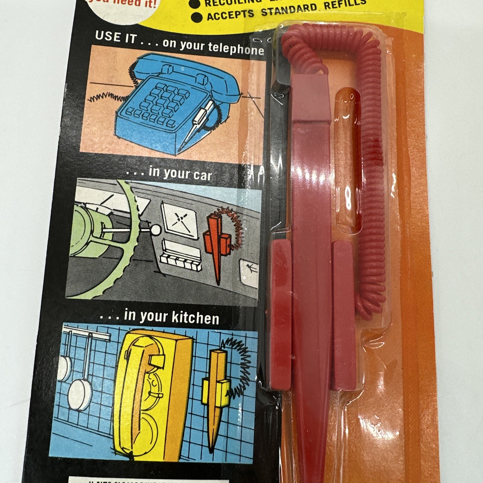 Fairgrove Write•There Handy Attachable Pen With Cord Telephone RED VTG 1977 NOS