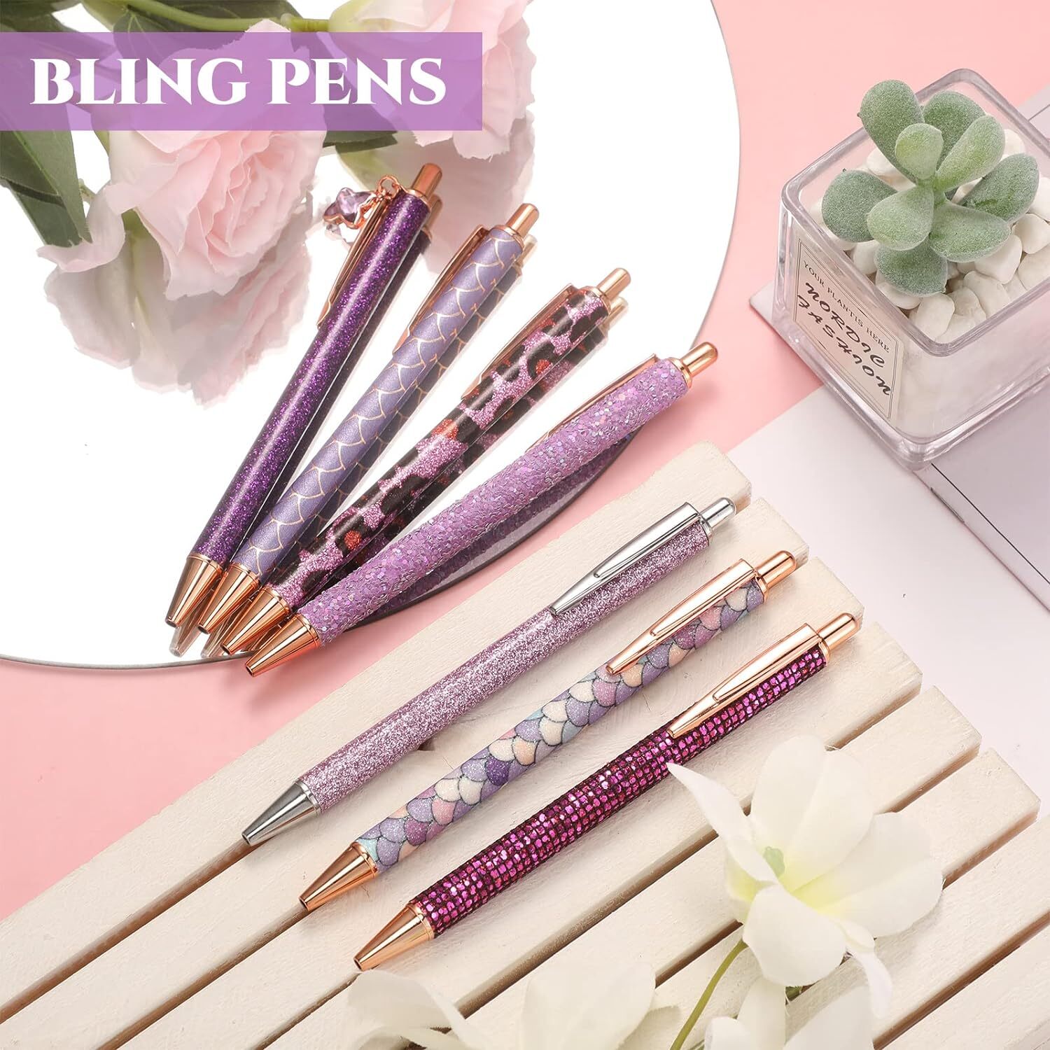 7 Pcs Fancy Pens for Women Cute Pens Glitter Pens – 10 Pcs Black Ink Refills