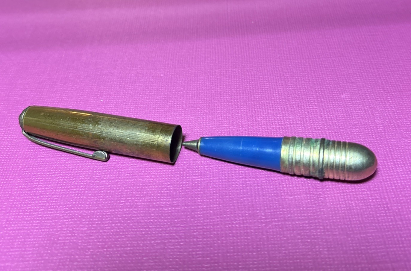 Vintage Pennant, USA, Bullet Ballpoint Pen, Blue Ink, Brass Plated Clip, 3 In.