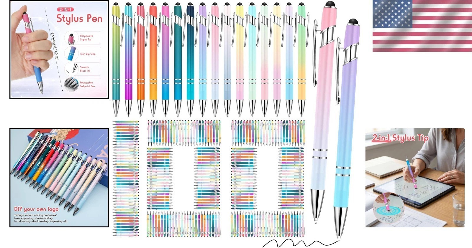 Bulk 100 Metal Stylus Pens Click Action Black Ink 1.0mm