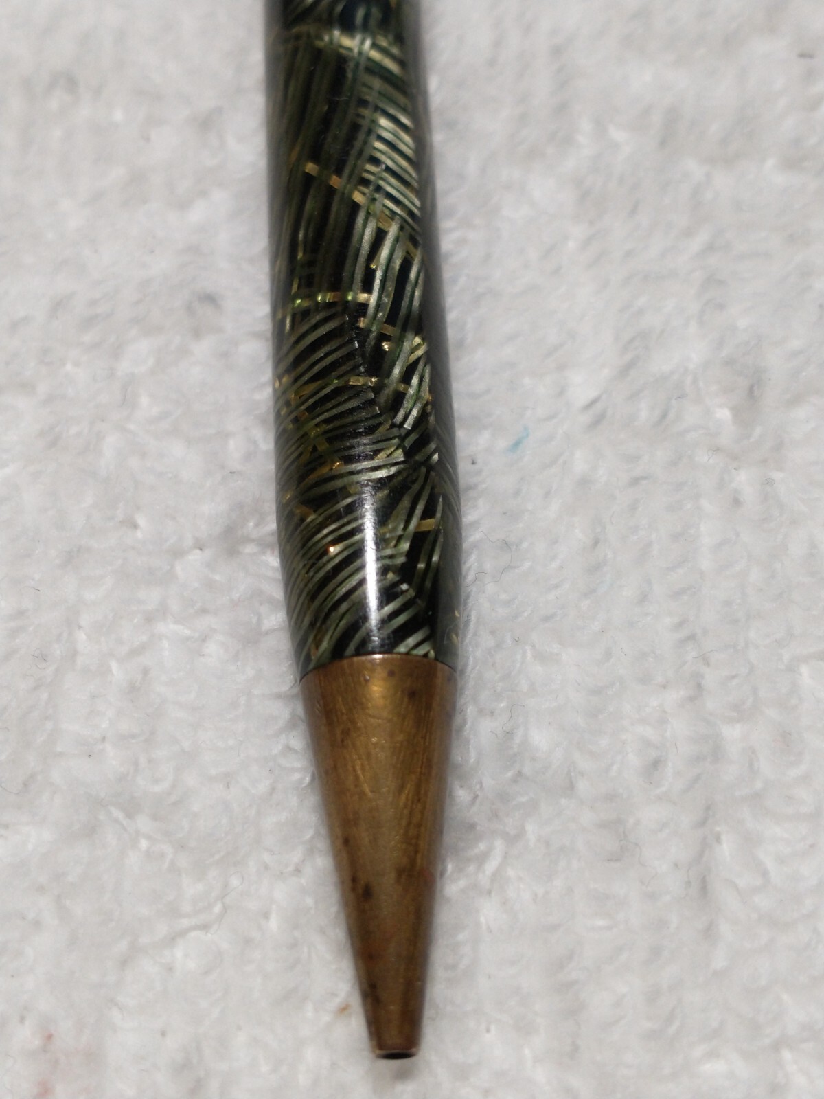 VINTAGE CELLULOID MECH PENCIL BLACK AND LIME GREEN OVER SILVER RIBBONS ANTIQUE