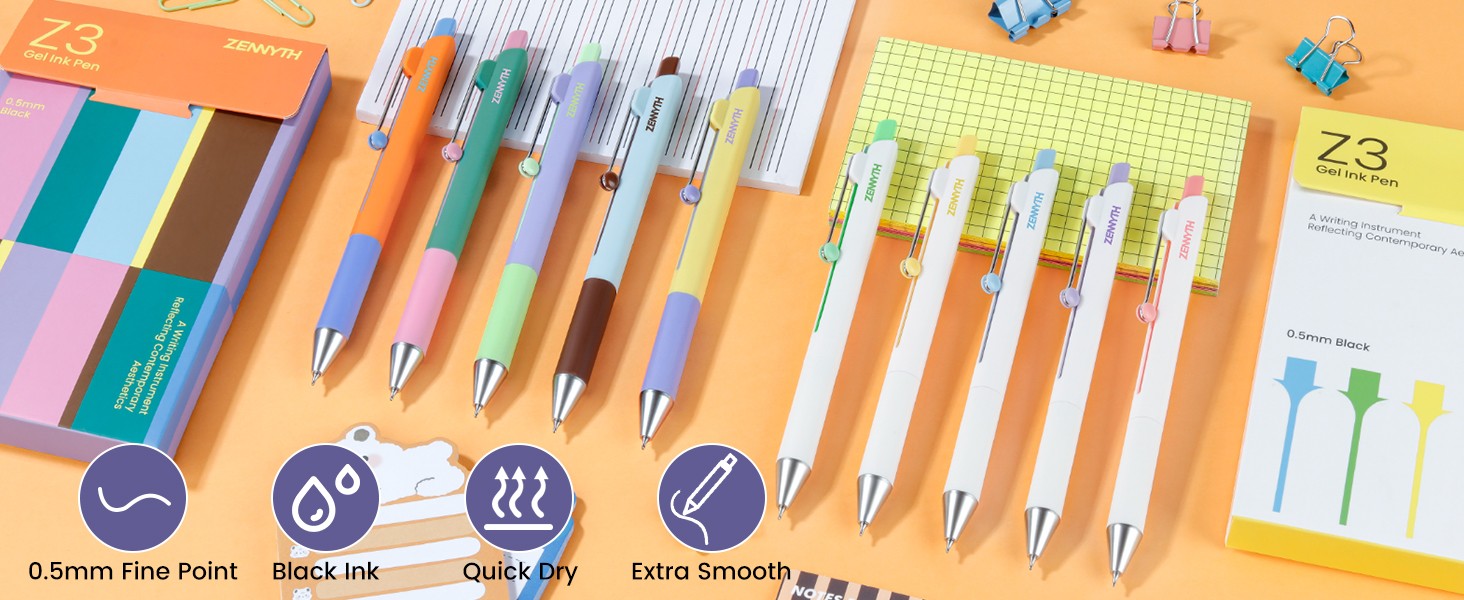 Gel Pens, 5PCS 0.5mm Fine Point Smooth Writing Black Ink Pens, Cute Color