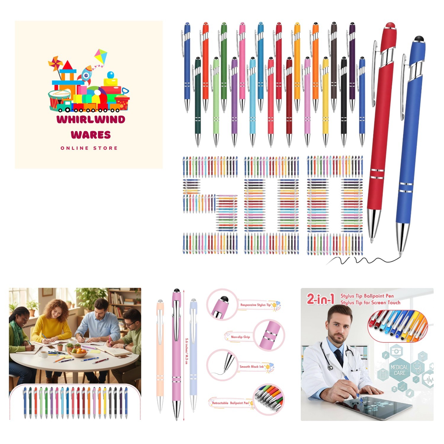 Colorful 500-Piece Ballpoint Pen Set with Stylus Tip for Tablets – Lightweight