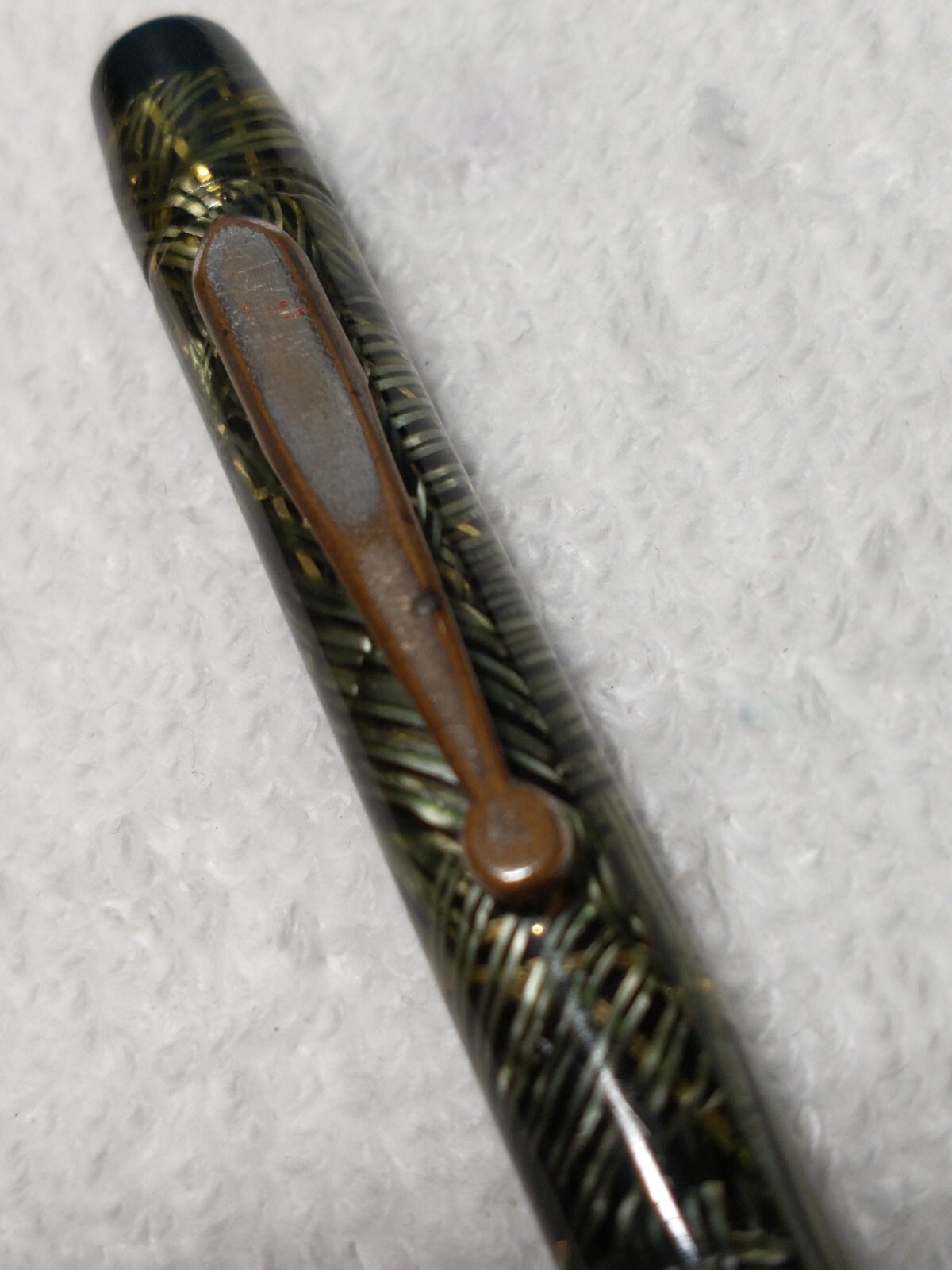 VINTAGE CELLULOID MECH PENCIL BLACK AND LIME GREEN OVER SILVER RIBBONS ANTIQUE