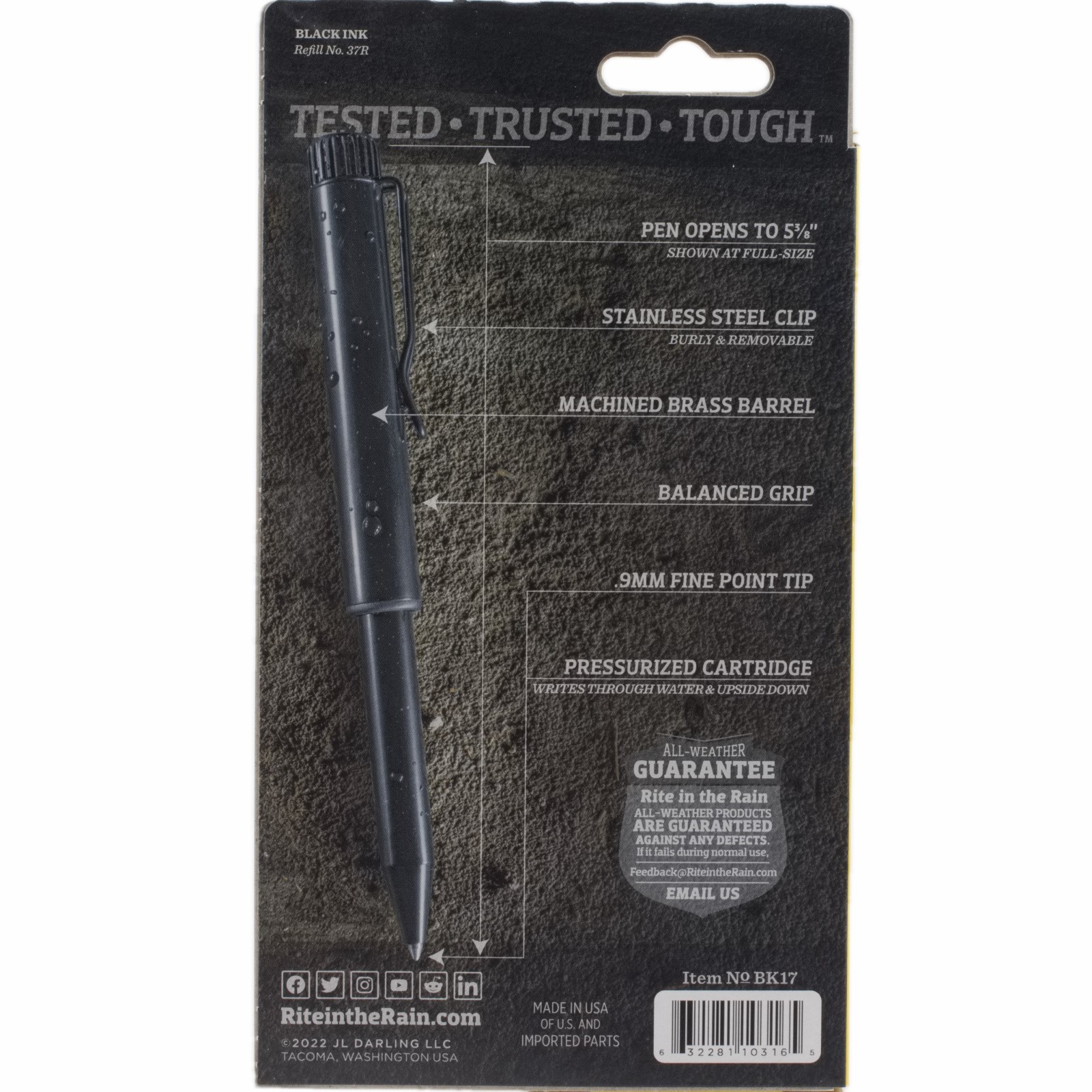 Rite in the Rain Metal Portage Pen Pocket Clip Brass Barrel Rust Proof Cap 0.9mm