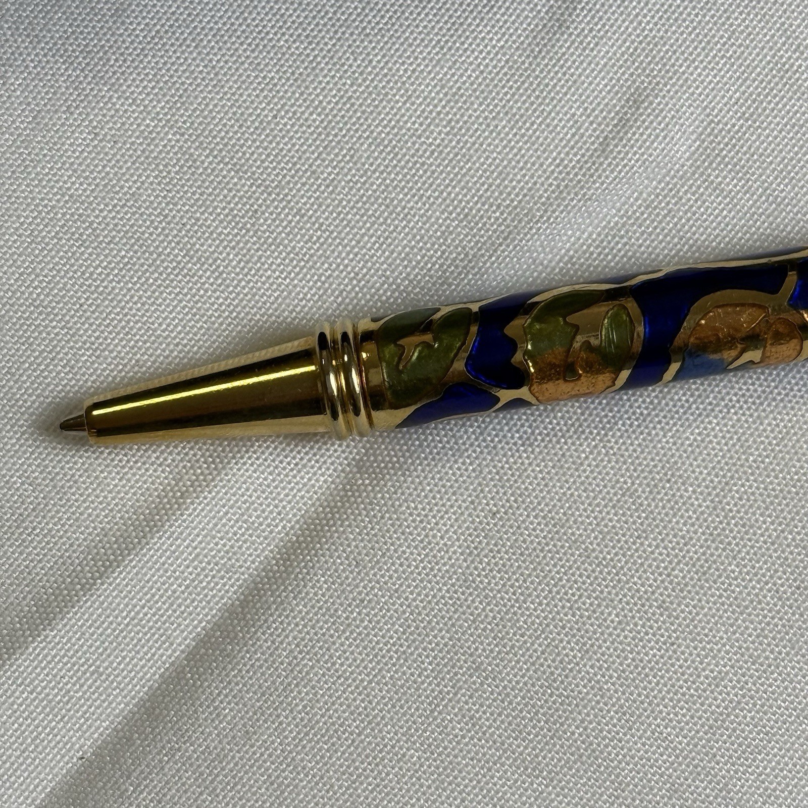 Chinese Cloisonné Enamel Ballpoint Pen Blue Floral w/ Case Needs New Cartridge