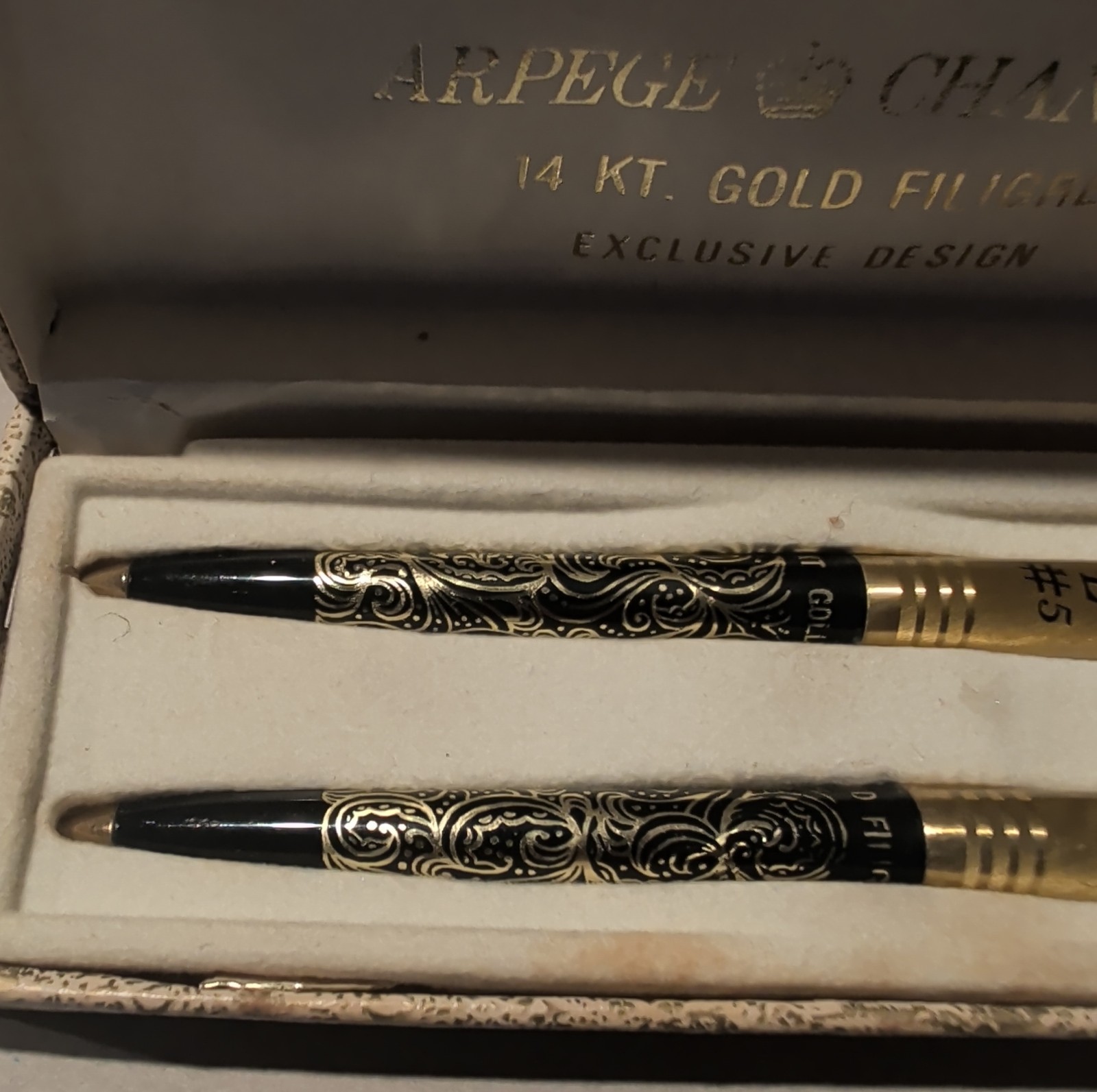 Vintage Chanel No.5 Arpege 14K Gold Filigree Perfumed Ballpoint Pen Set in Box