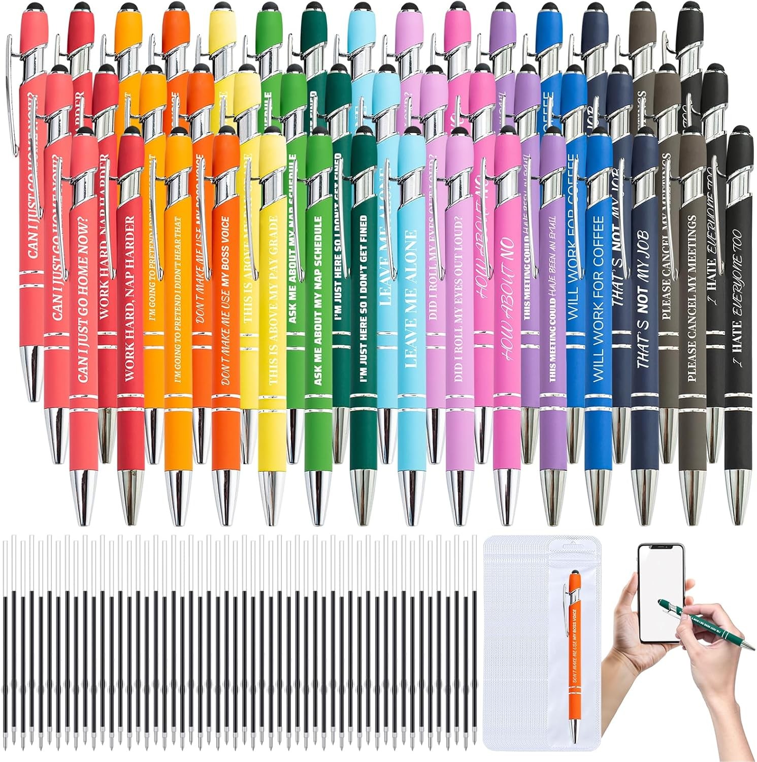60 Pcs Funny Sarcastic Pens – 20 Set Ballpoint Pens with Refills & Bags,Fun Pen