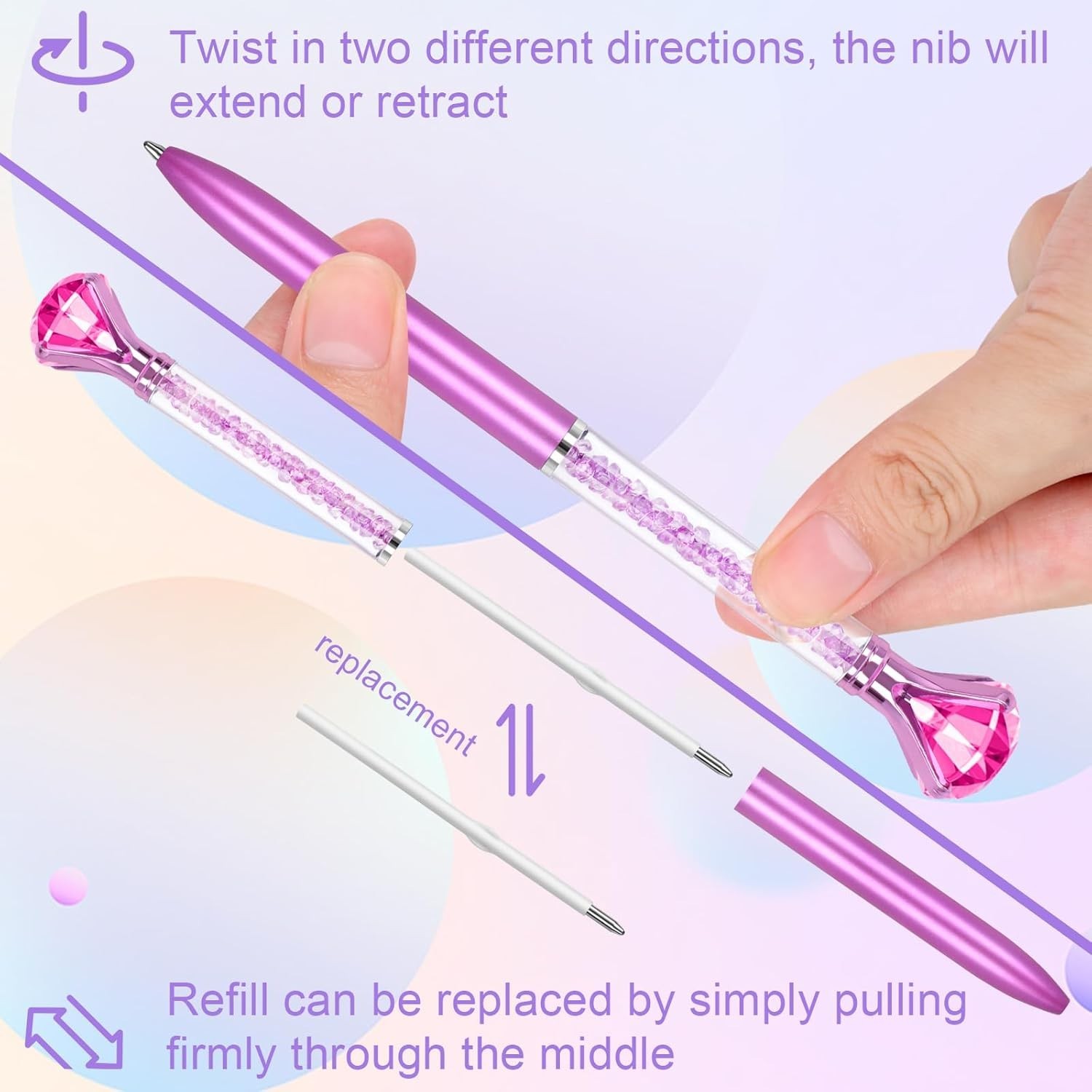 6 Pack Diamond Pens with Crystal Top Black Ink Refillable Ballpoint Pens