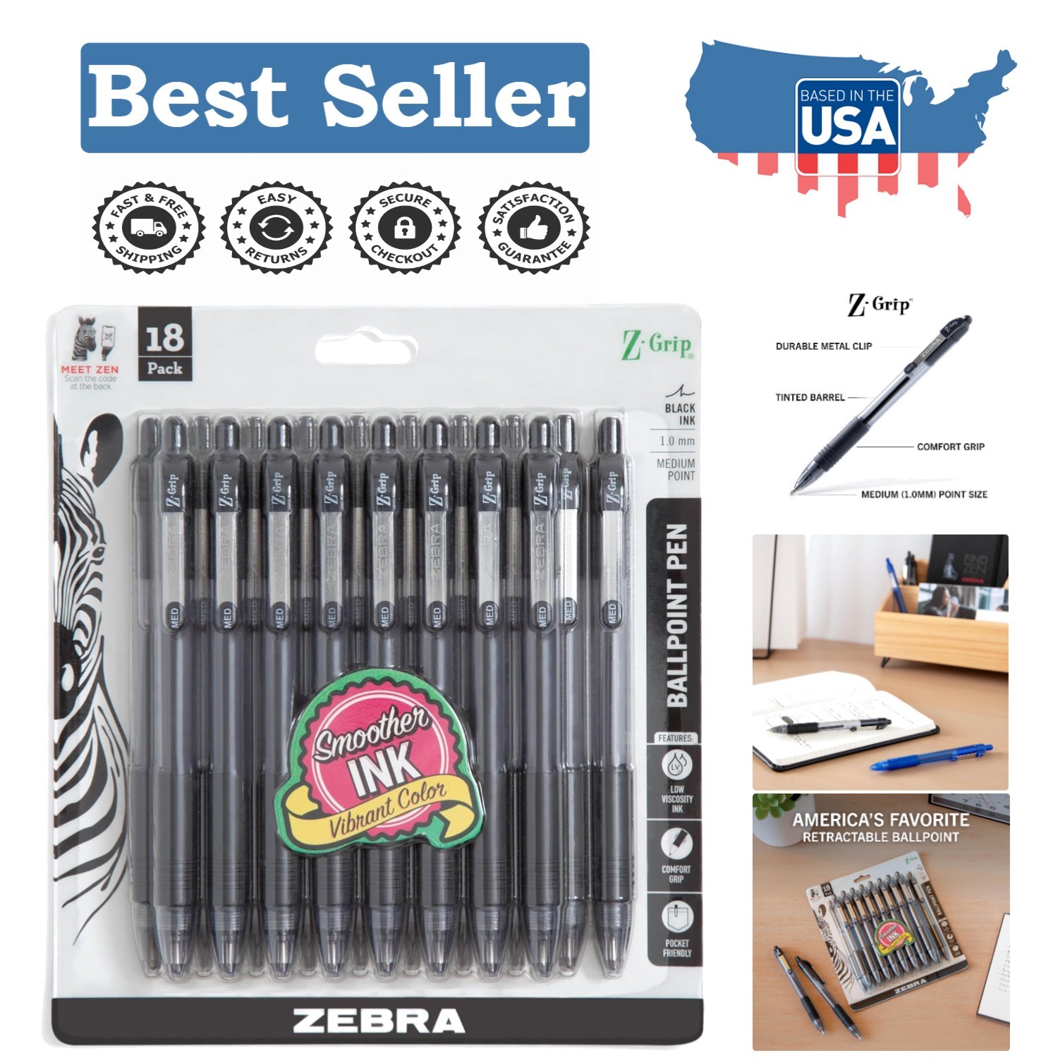 Ergonomic Z-Grip Ballpoint Pens – Retractable, Black Ink, 1.0mm, 18 Count