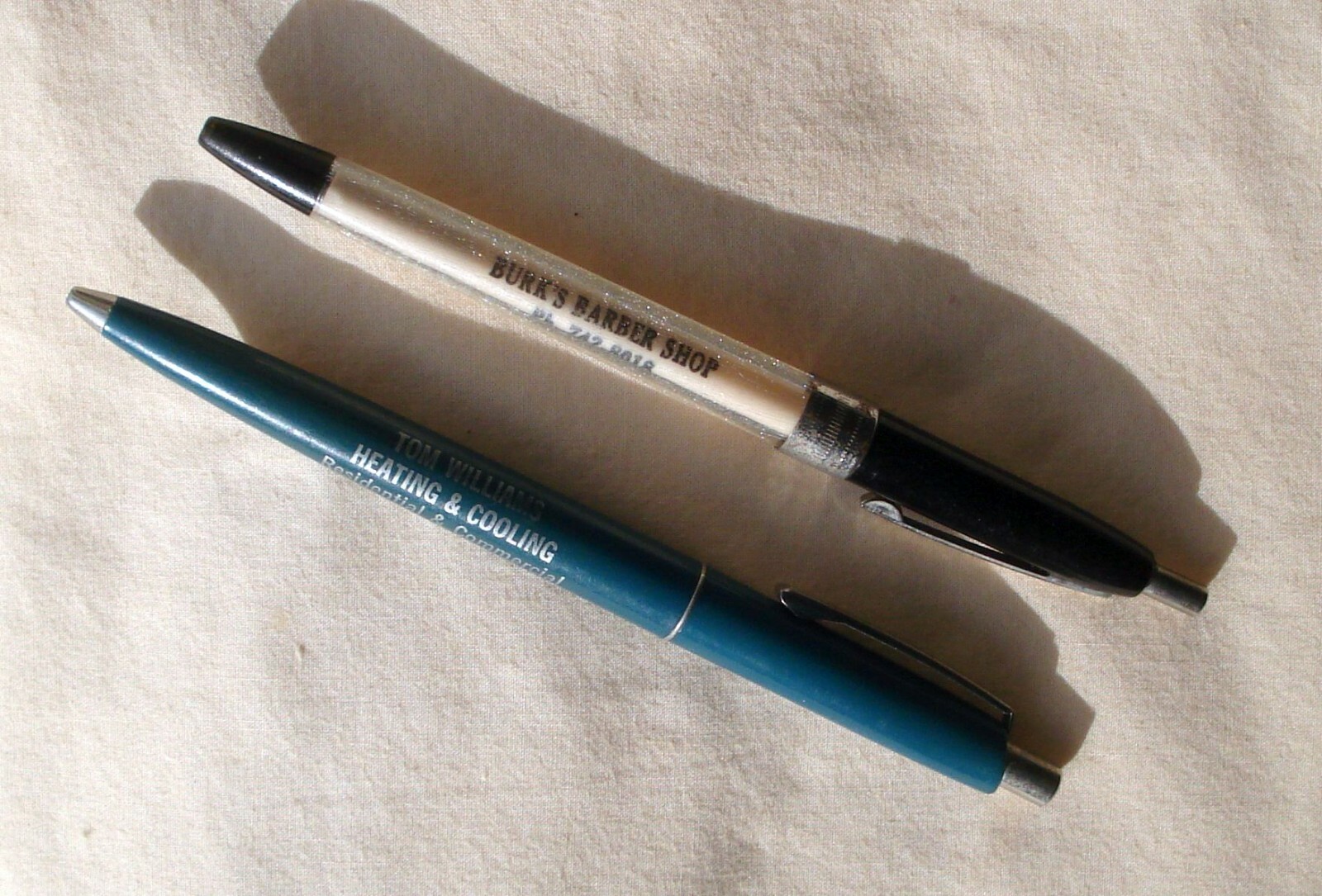 Lot of 2 Vtg Ballpoint Click Advertising Pens w/ Pocket Clip + New Ink Refills
