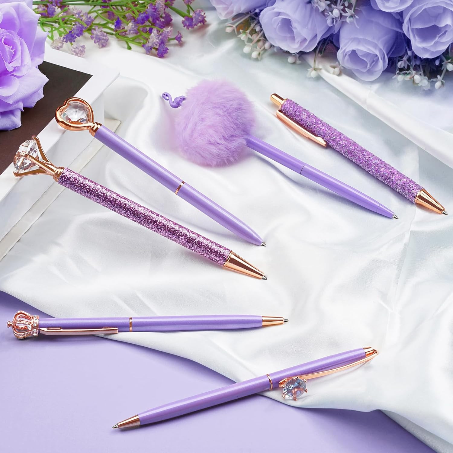 8Pcs Purple Pens, Metal Crystal Diamond Pen with Black & Blue Ink, Pens for Jour