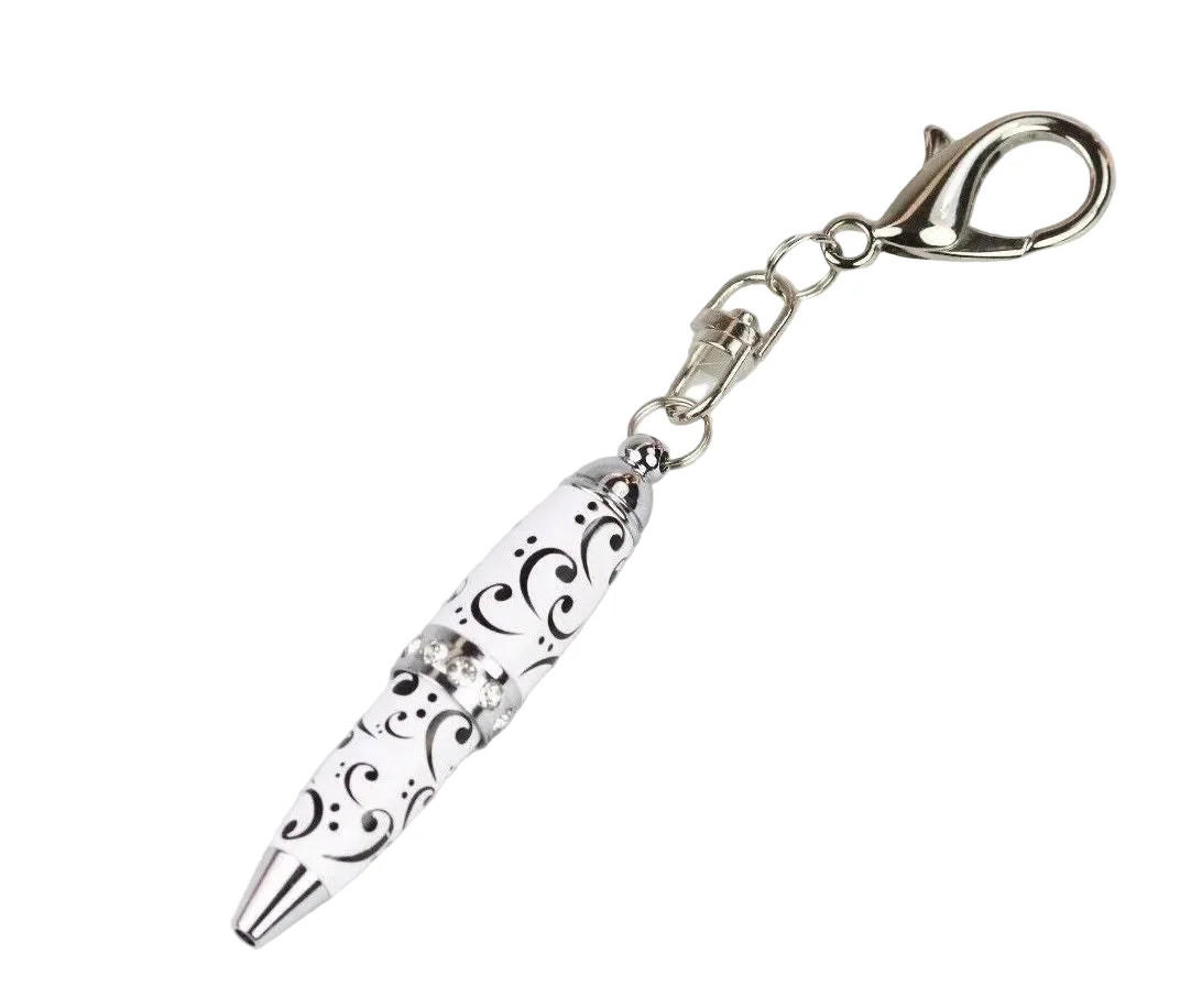 Padrino Pixie White Clef Note Print Mini Keychain Pen – Crystal Accent Ballpoint