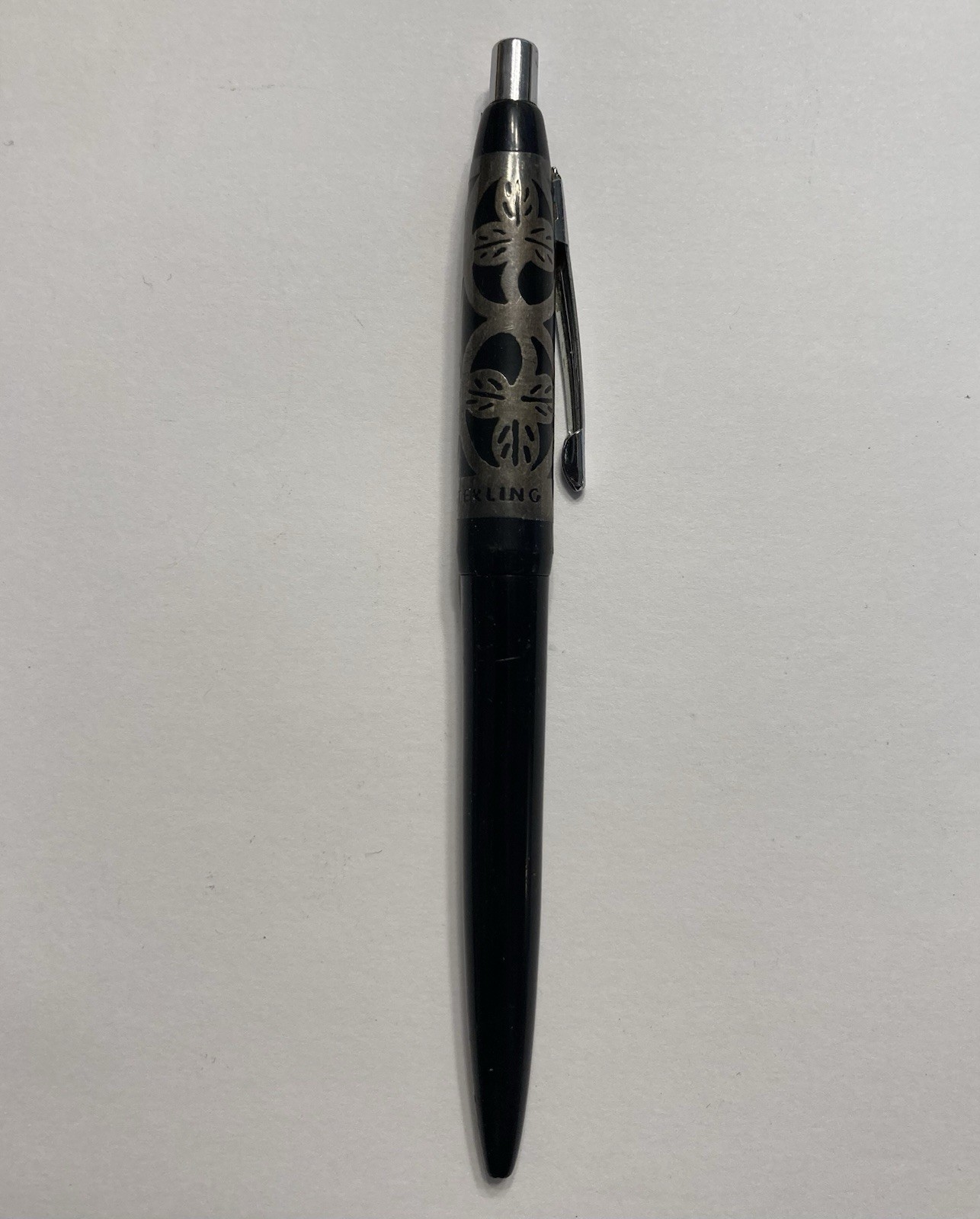 VINTAGE MORRISON STERLING SILVER FILIGREE OVERLAY BALLPOINT PEN BLACK CLOVER