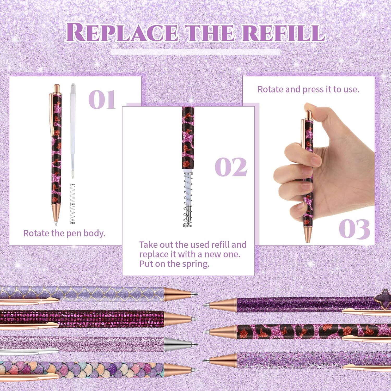 7 Pcs Fancy Pens for Women Cute Pens Glitter Pens – 10 Pcs Black Ink Refills