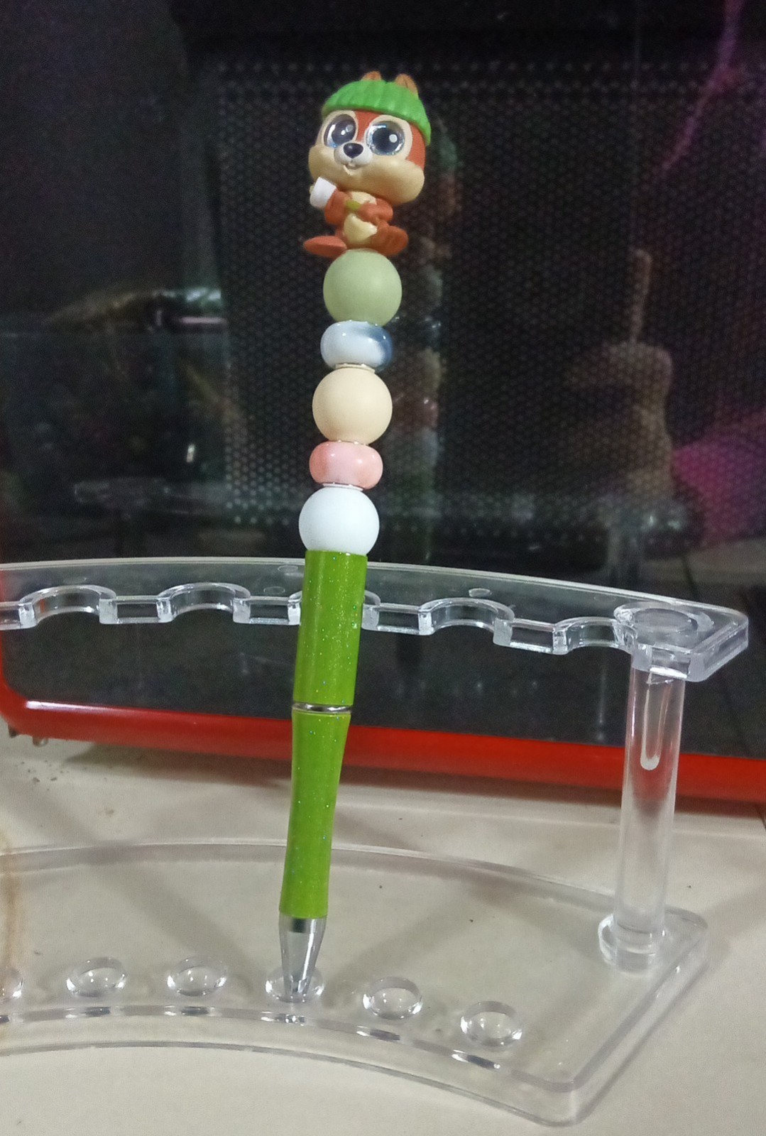 Green Plastic Ballpoint Pen, Blue Ink, Beaded Character Topper