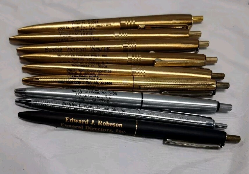 Funeral Home Advertising 9 Pen Lot Vintage NY FL PA Metal Ballpoint OLD DRY INK