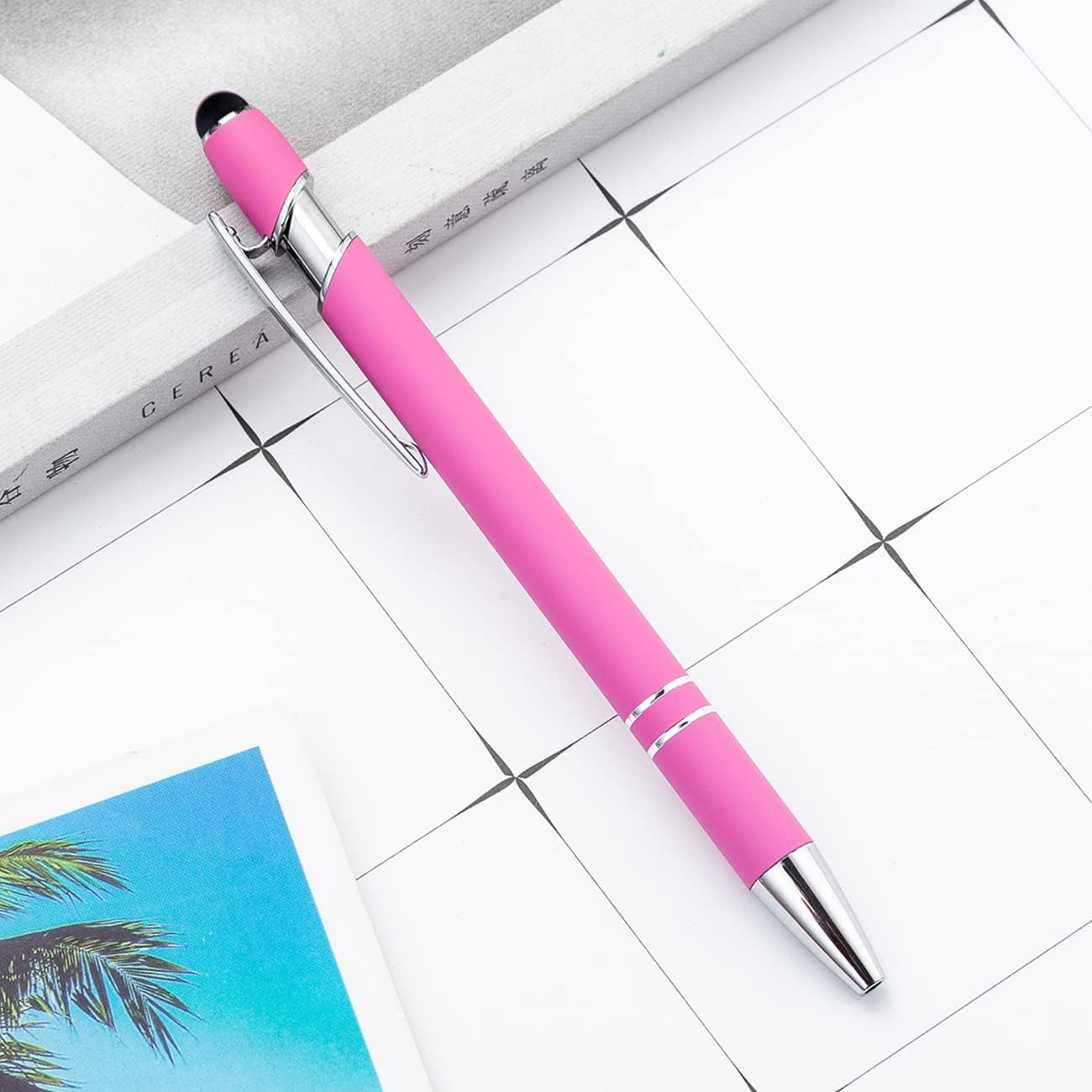PASISIBICK 12 Pieces Pink Ballpoint Pen with Stylus Tip, 2 in 1 Stylus Stylish P