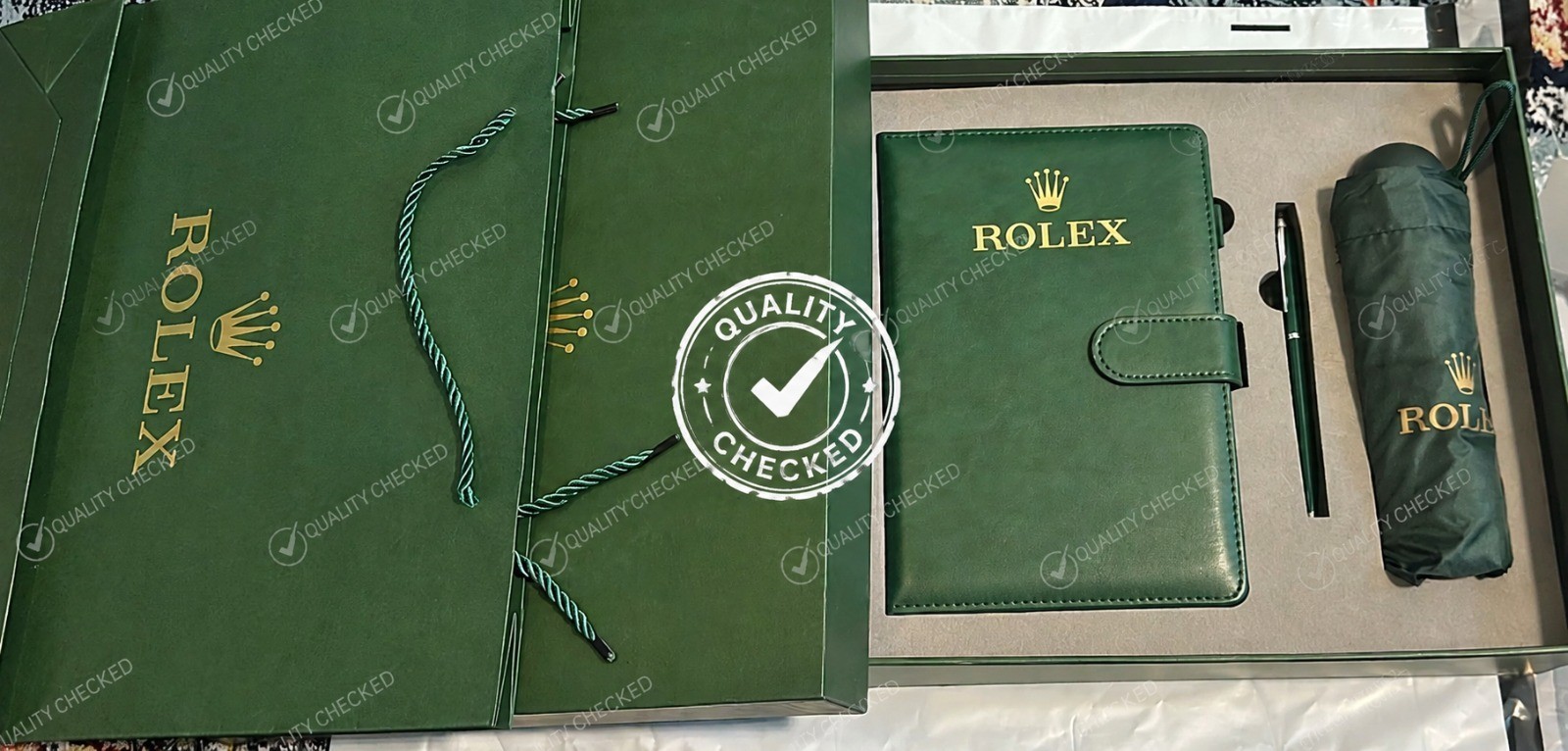 NEW ROLEX Green Gift Set Notebook Ballpoint Pen Folding Umbrella Luxury Gift Box