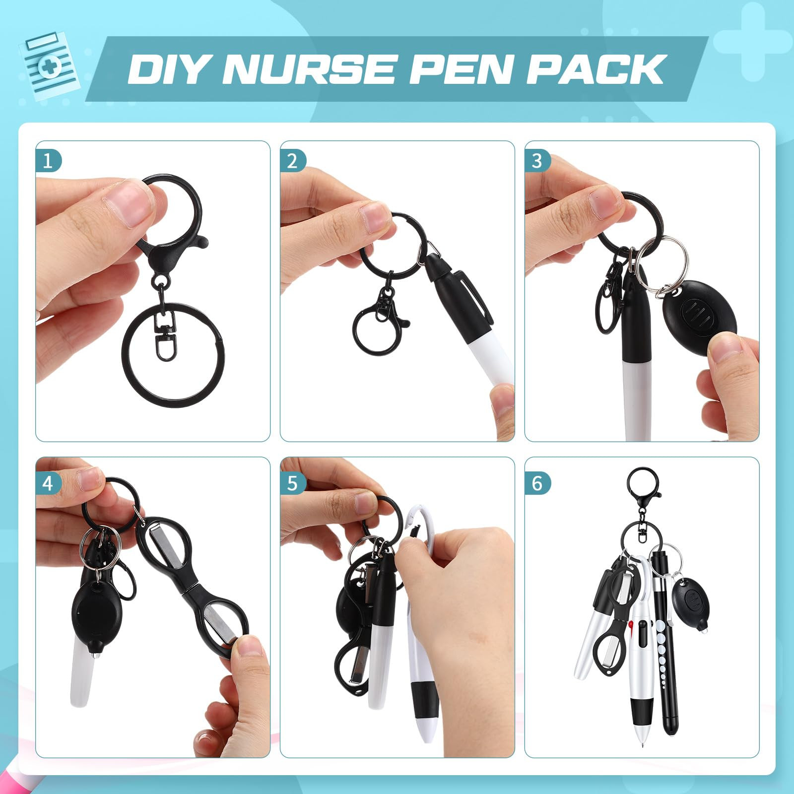 Nurse Pen Set with Marker Pen LED Light Scissors Keychain Clip and Flashlight